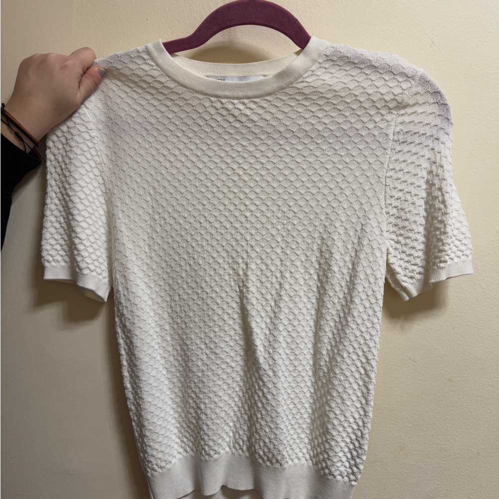 White Textured Viscose Short Sleeve Sweater